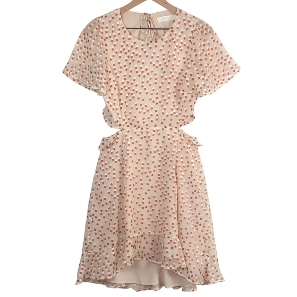 ASTR The Label Clip Dot Cut Out Open Back Mini Dress Sz M Cream Rust Ruffle